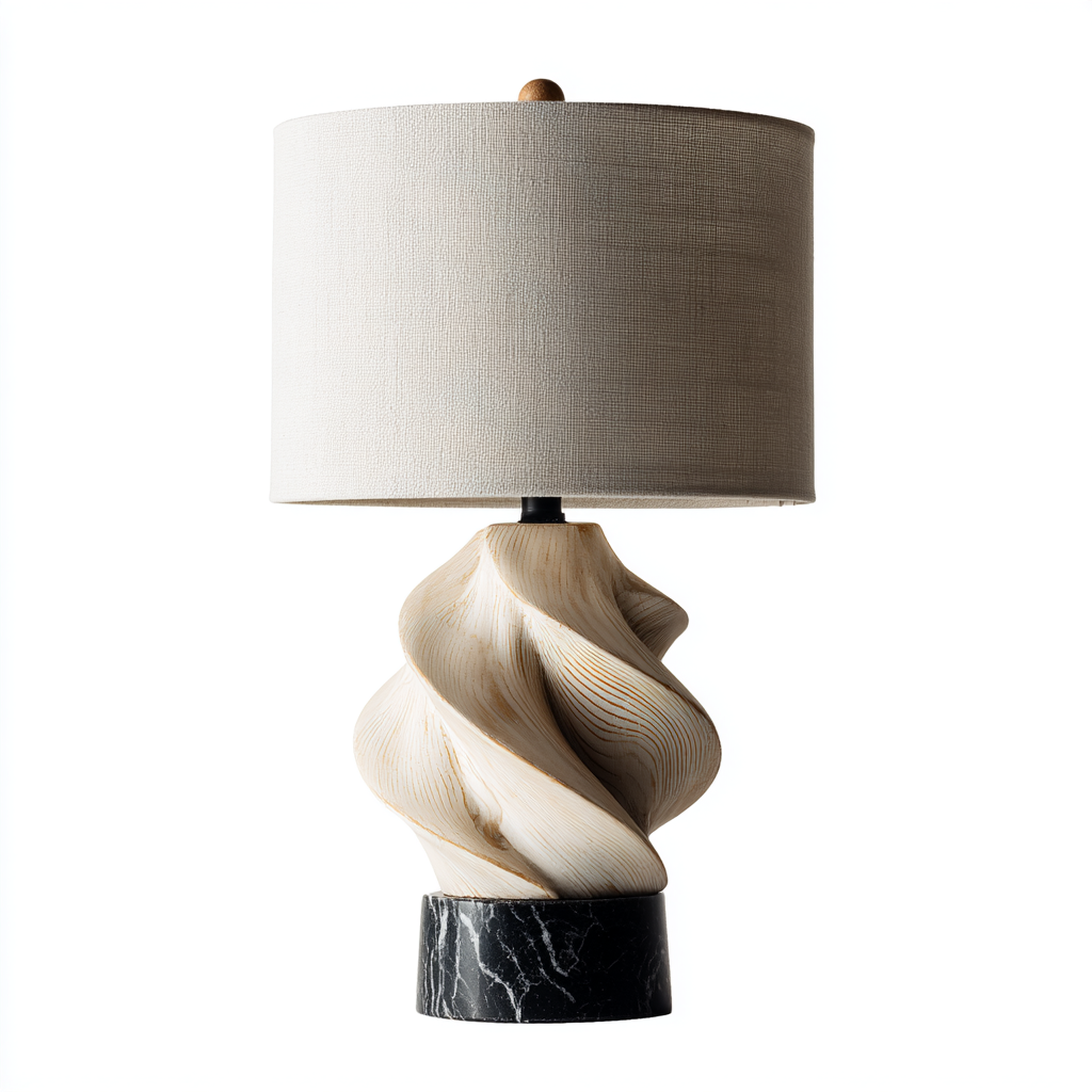 Lámpara de mesa rústica con base de madera tallada y mármol negro