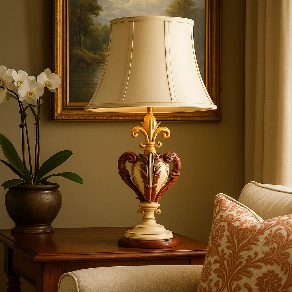 Lámpara de mesa clásica con diseño ornamental de flor de lis
