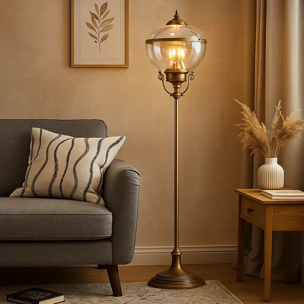 Lámpara de pie vintage con pantalla esférica de vidrio y base en bronce antiguo