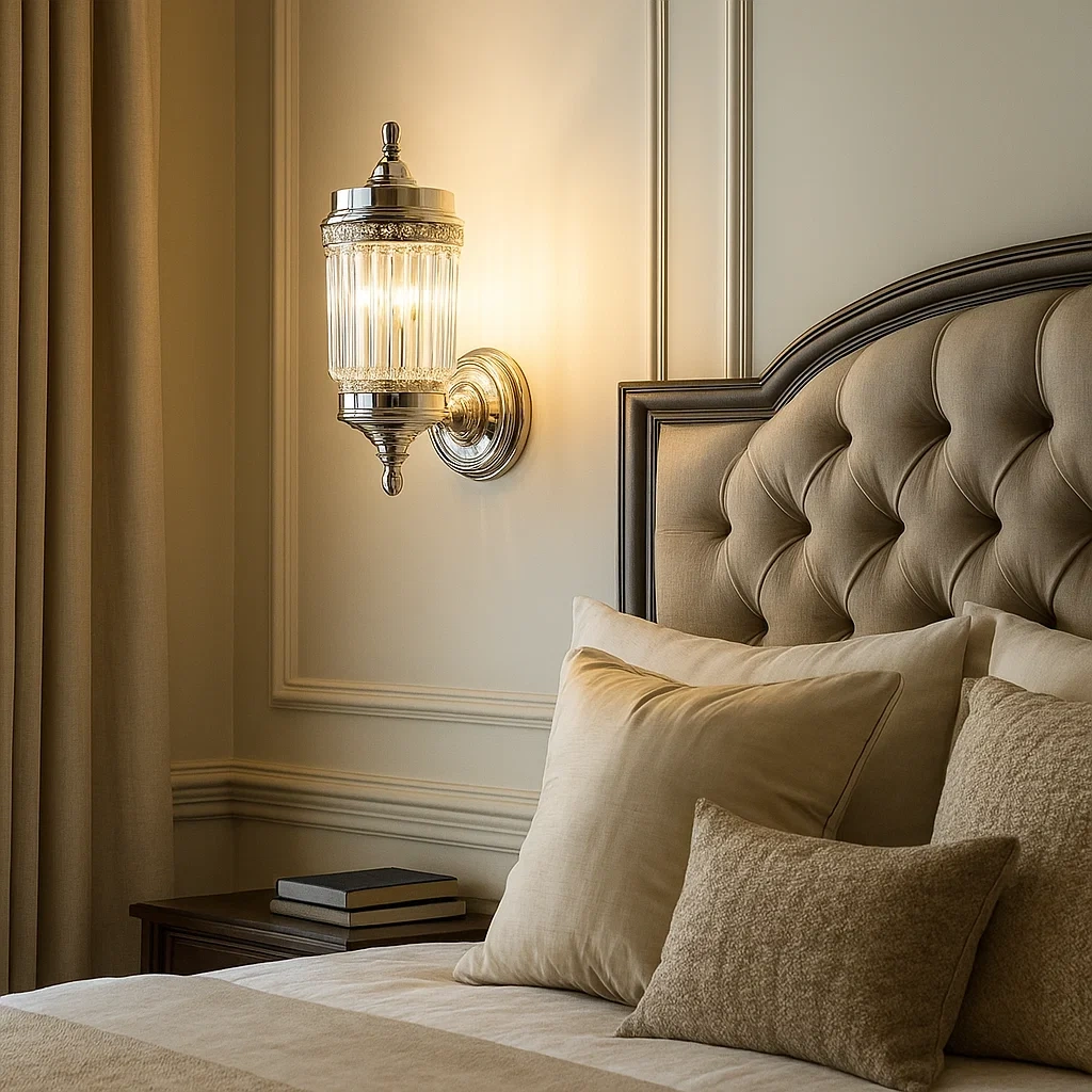 Aplique de pared de cristal con detalles en metal plateado