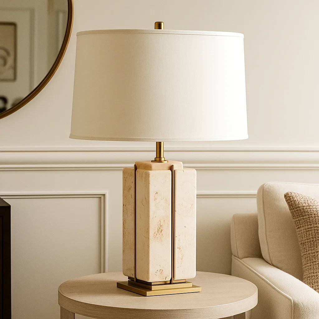 Lámpara de mesa de mármol y latón con pantalla blanca