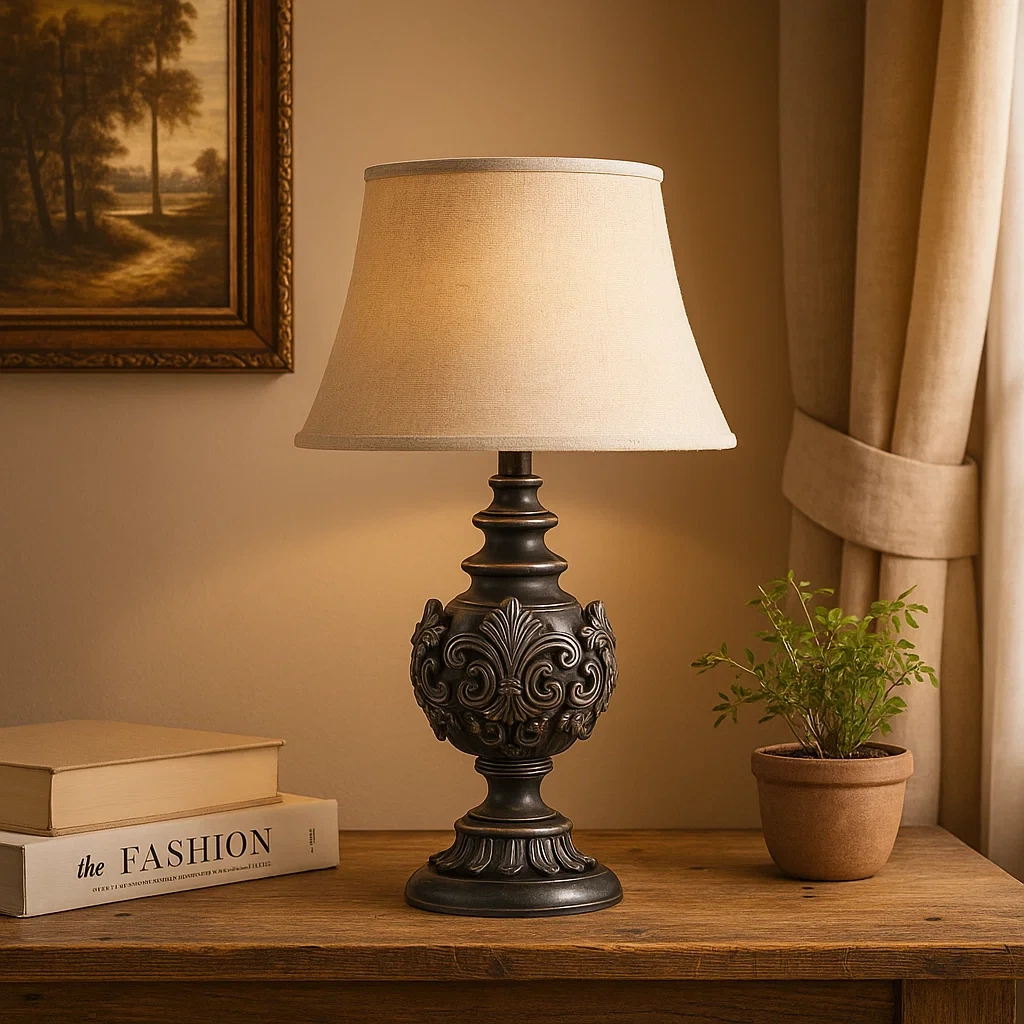 Lámpara de mesa rústica con base de metal plateado antiguo y pantalla beige