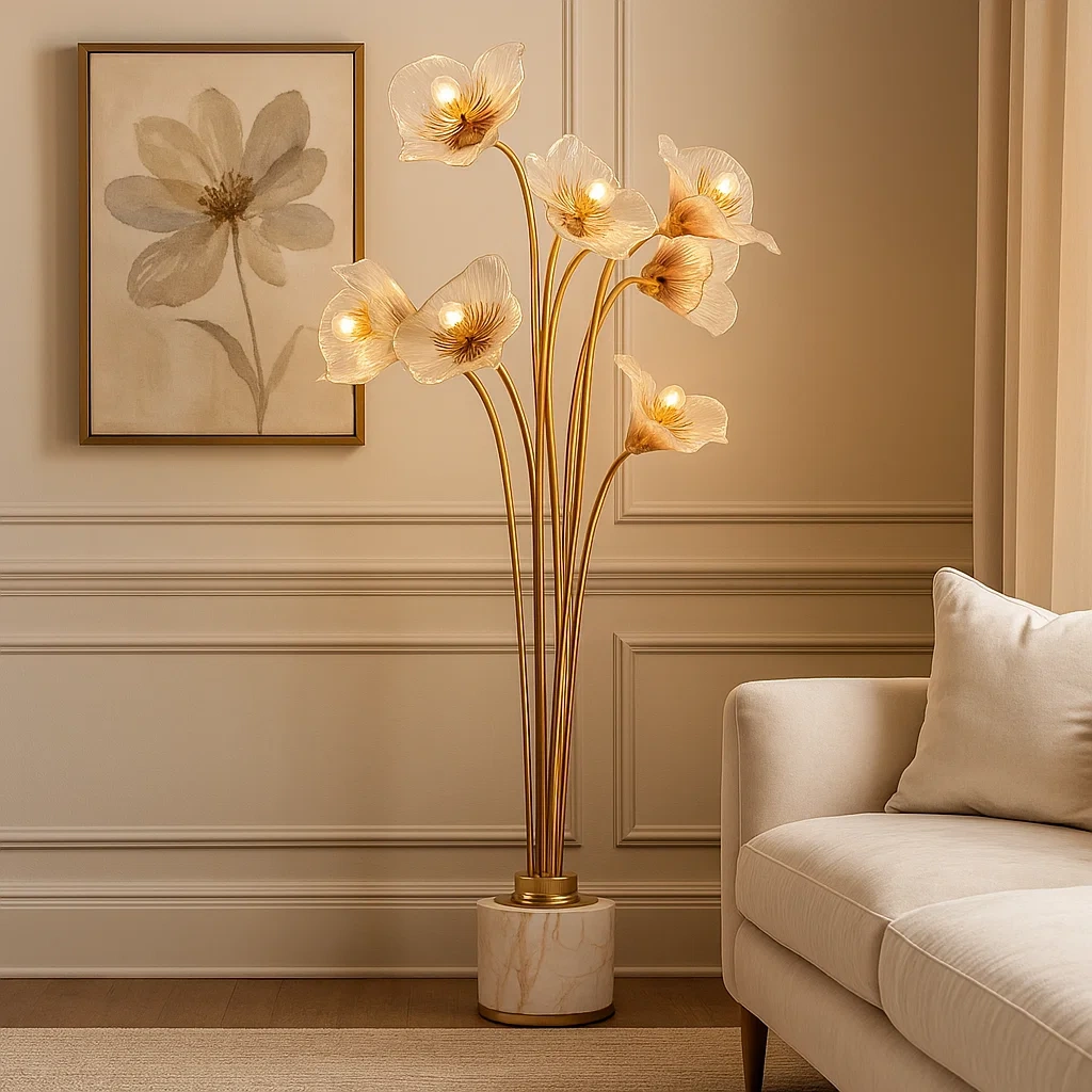 Lámpara de pie floral con base de mármol y brazos dorados curvados