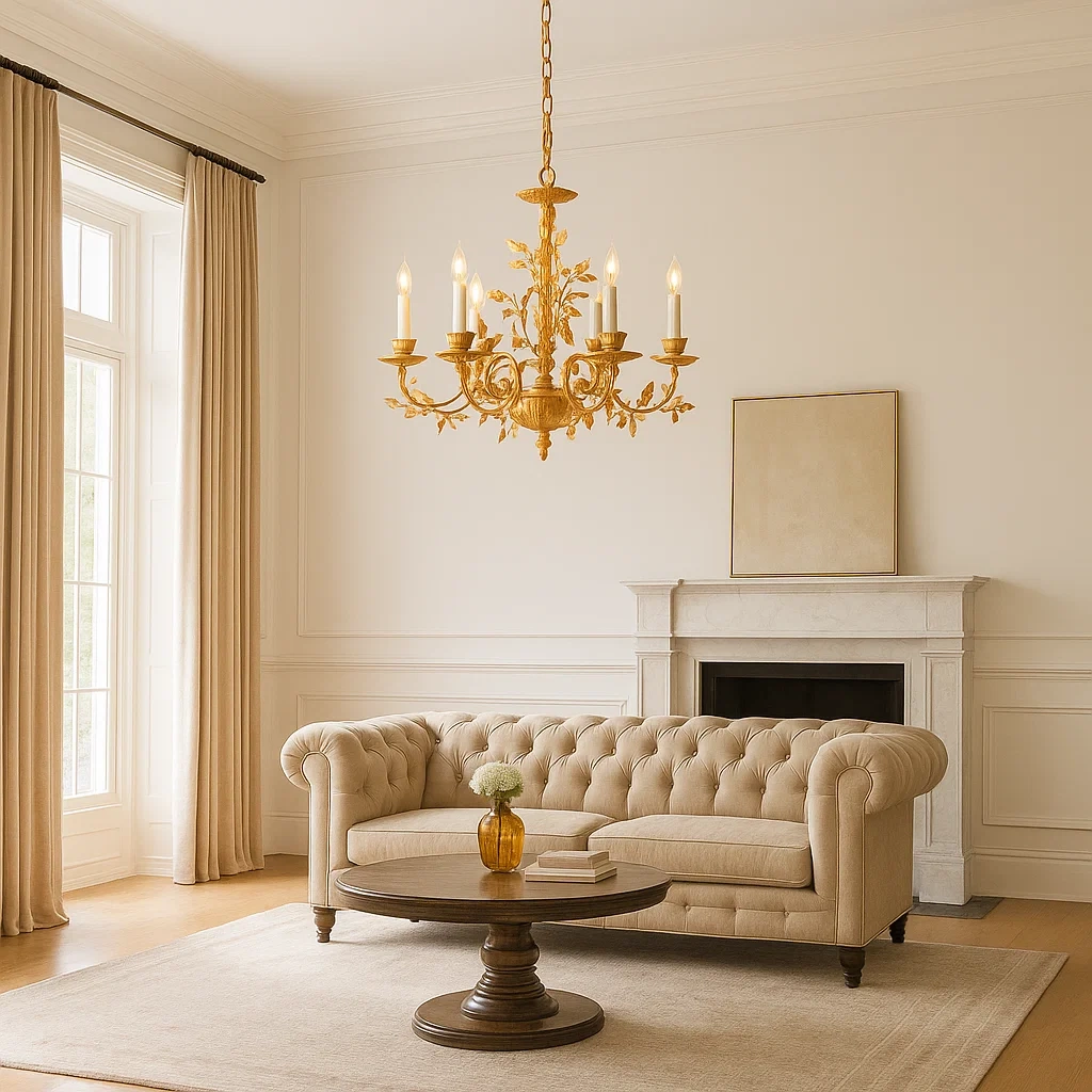 Lámpara de araña clásica dorada con 6 brazos y diseño de velas