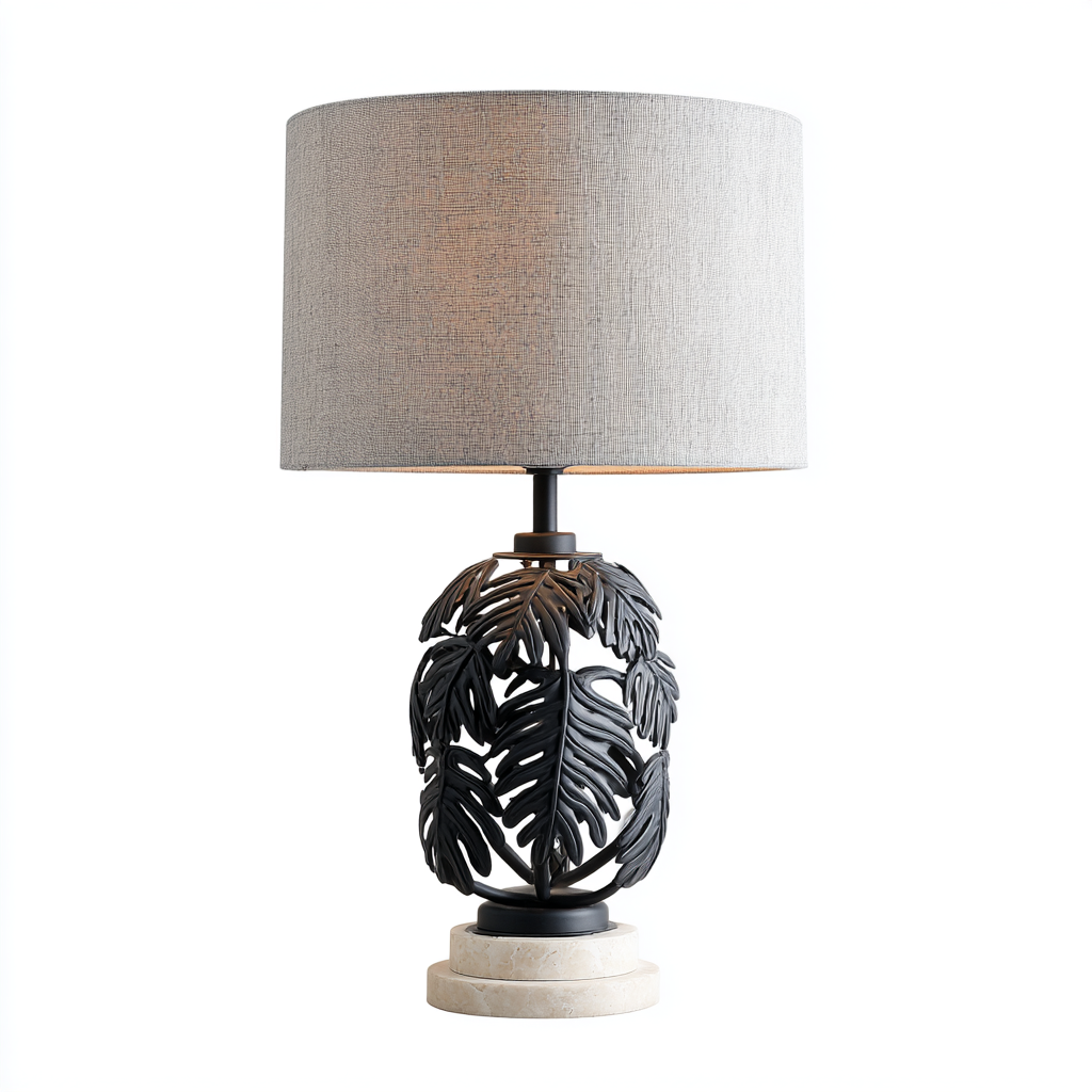Lámpara de mesa de metal negro con base decorativa de hojas y pantalla de tela gris