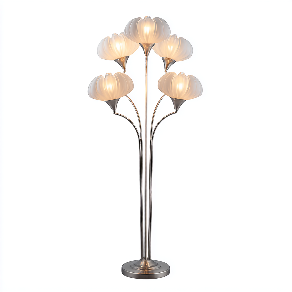 Lámpara de pie con cinco tulipas de vidrio en forma de flor
