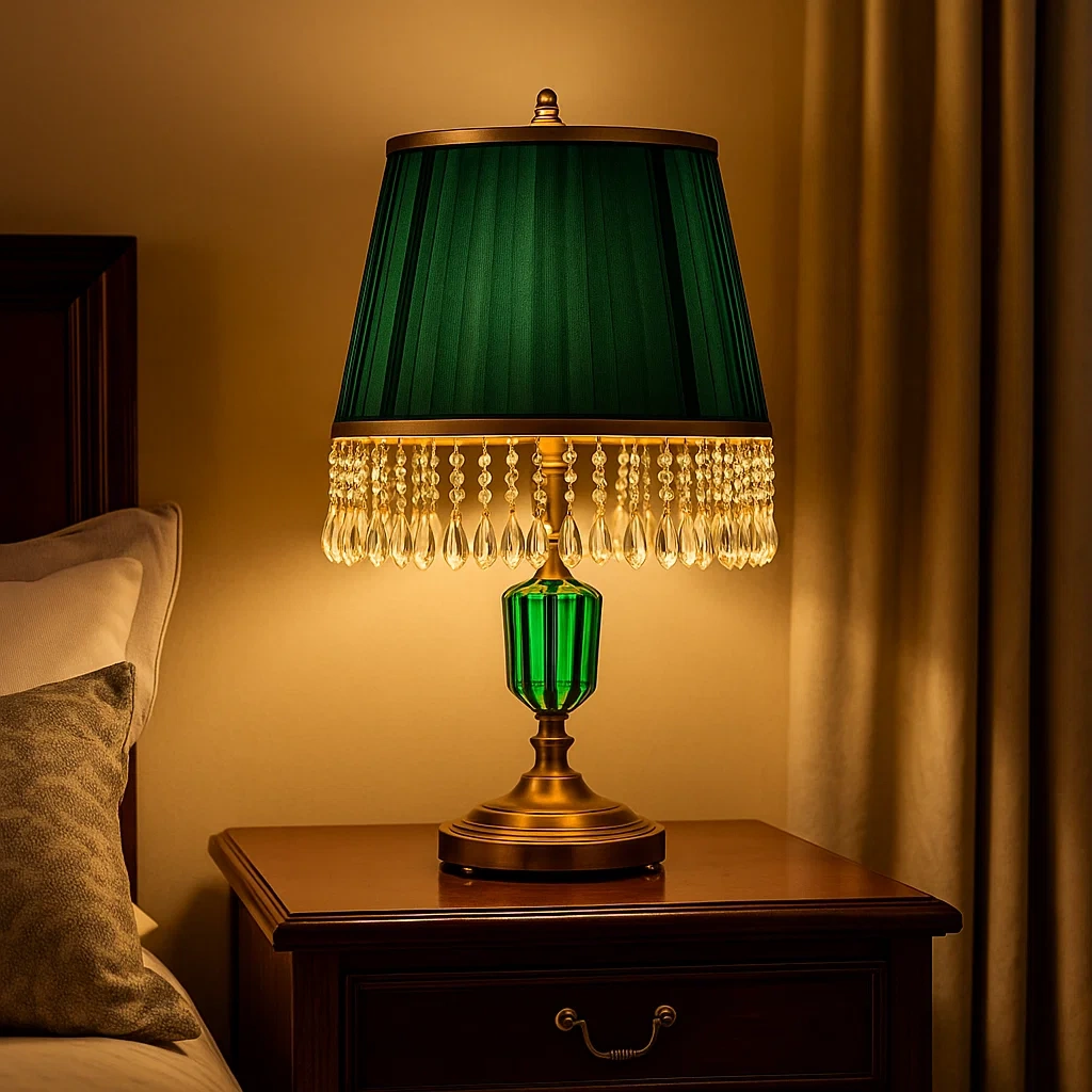 Lámpara de mesa de latón antiguo con cristal esmeralda y pantalla verde con borlas