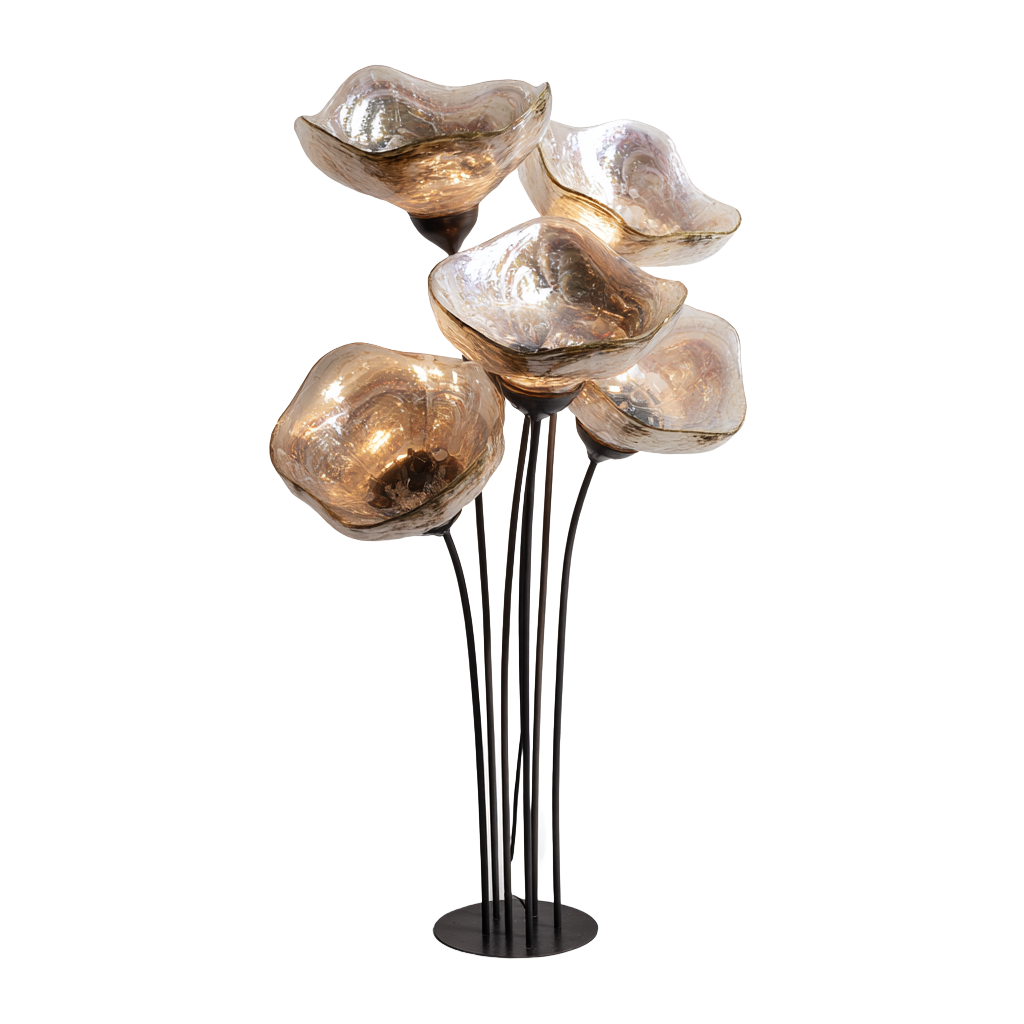 Lámpara de pie con cinco pantallas de vidrio en forma de flor