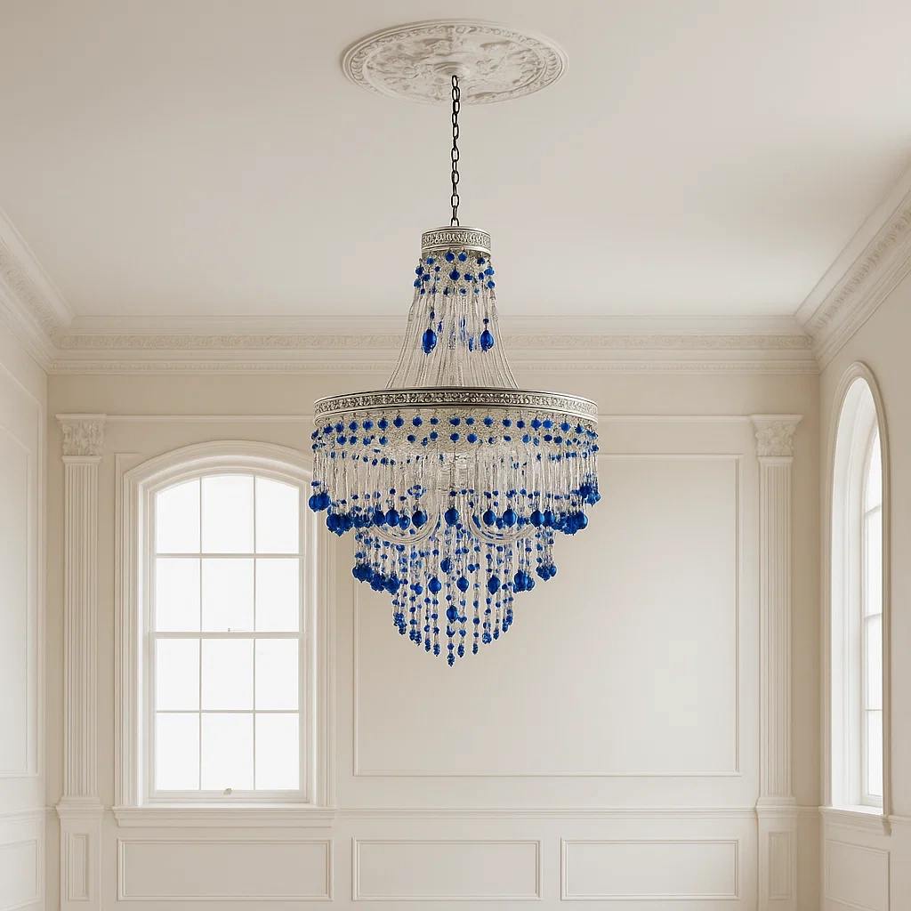 Lámpara de araña grande de cristal con cuentas azules y estructura plateada