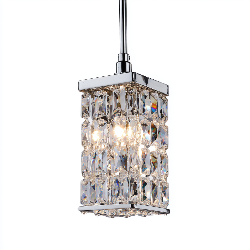 Lámpara colgante pequeña de cristal rectangular con acabado cromado