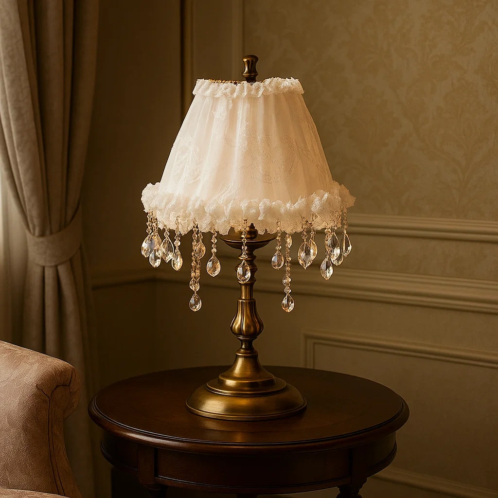Lámpara de mesa vintage con pantalla de encaje blanco y colgantes de cristal