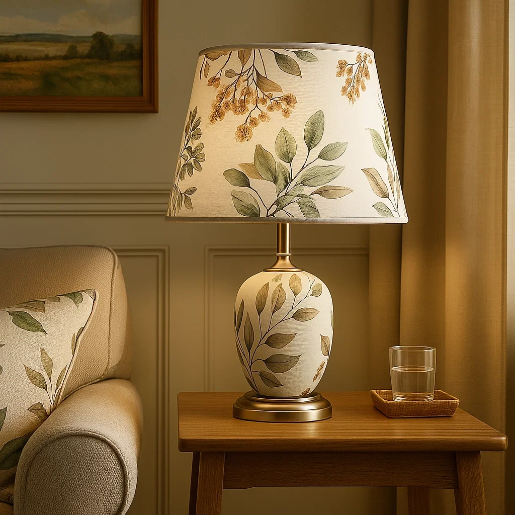 Lámpara de mesa de cerámica con pantalla floral elegante