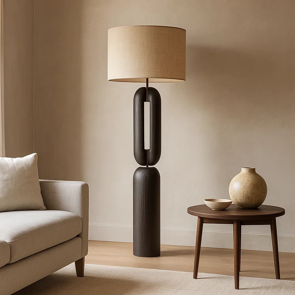 Lámpara de pie moderna con base de madera negra y pantalla de lino beige