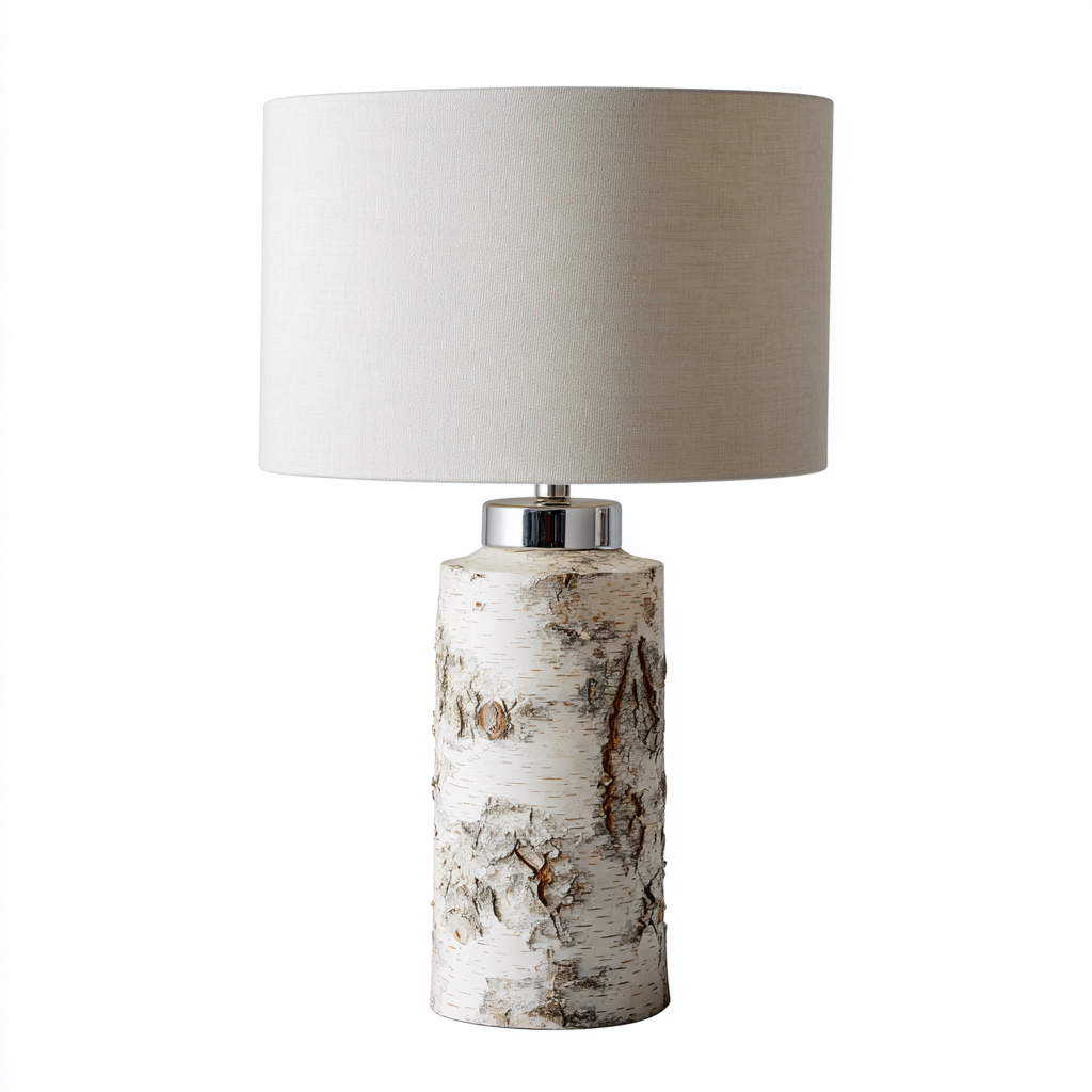 Lámpara de mesa estilo tronco de abedul con pantalla de tela