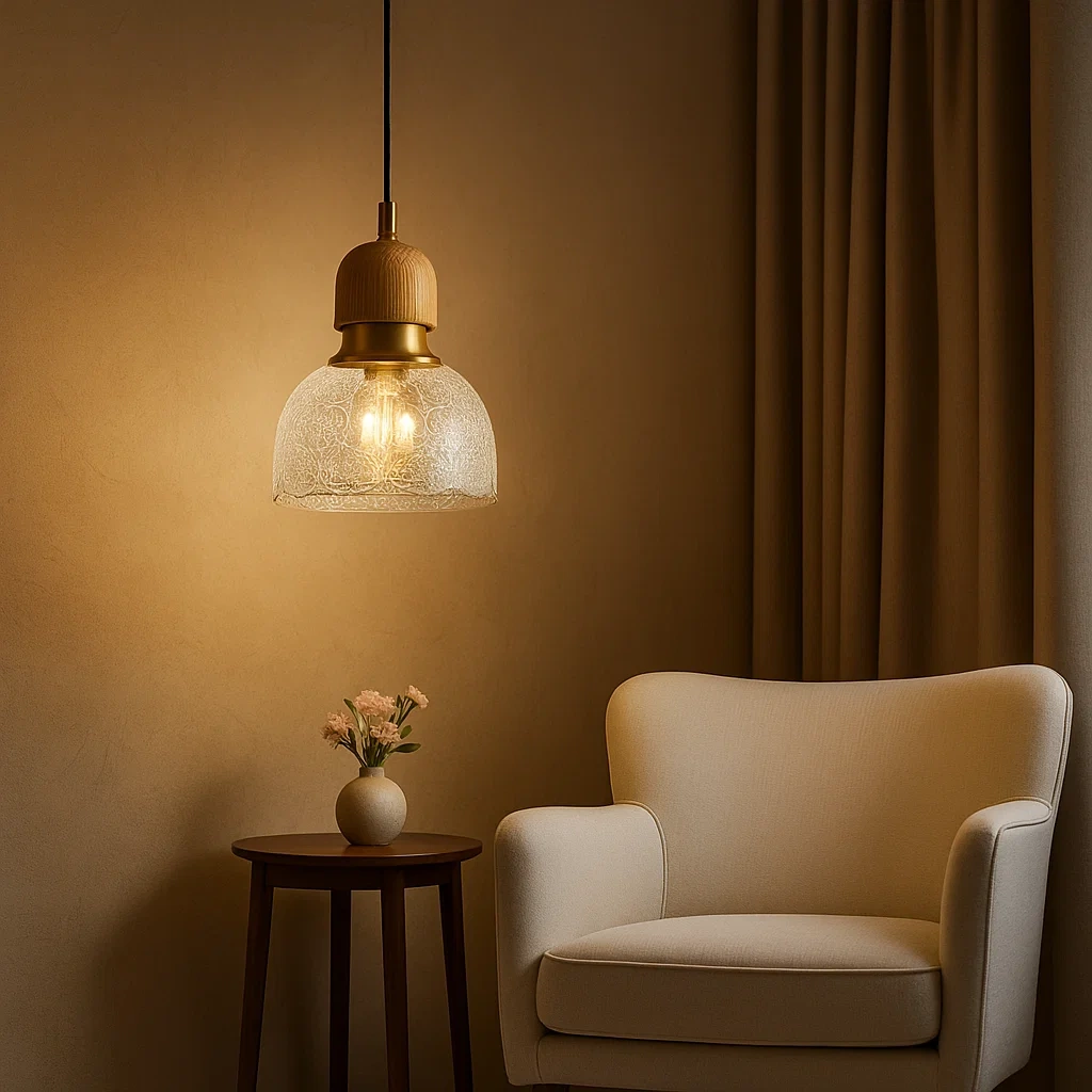 Lámpara colgante de latón con detalles en madera y pantalla de vidrio grabado