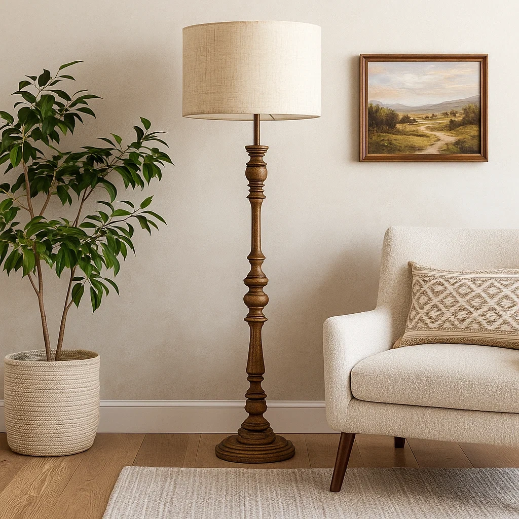 Lámpara de pie rústica de madera tallada con pantalla de lino
