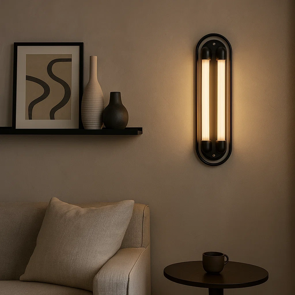 Aplique de pared negro con dos tubos blancos iluminados