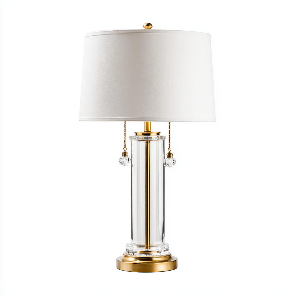 Lámpara de mesa de latón con columna de cristal transparente y pantalla blanca