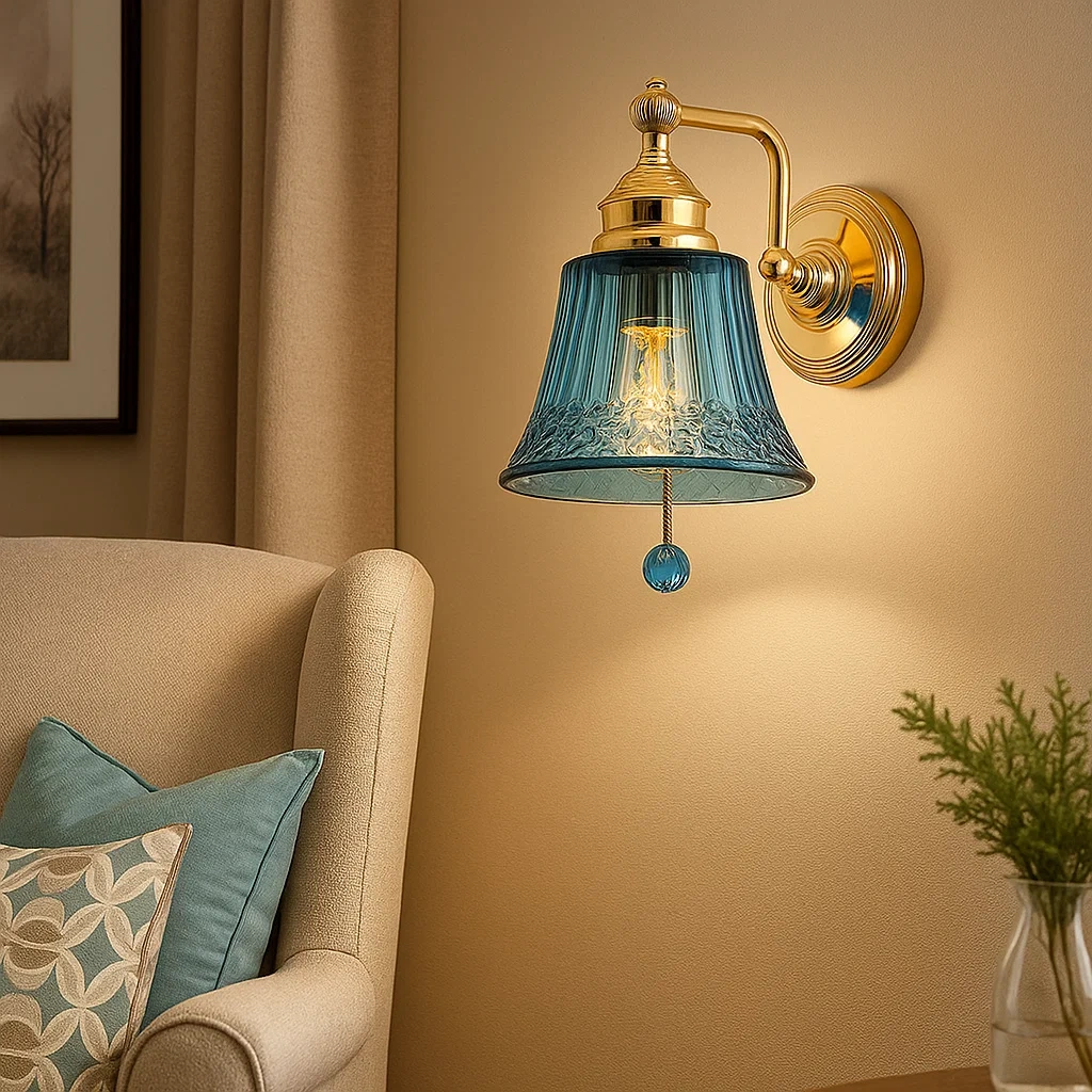 Lámpara de pared vintage con pantalla de vidrio azul y detalles en latón