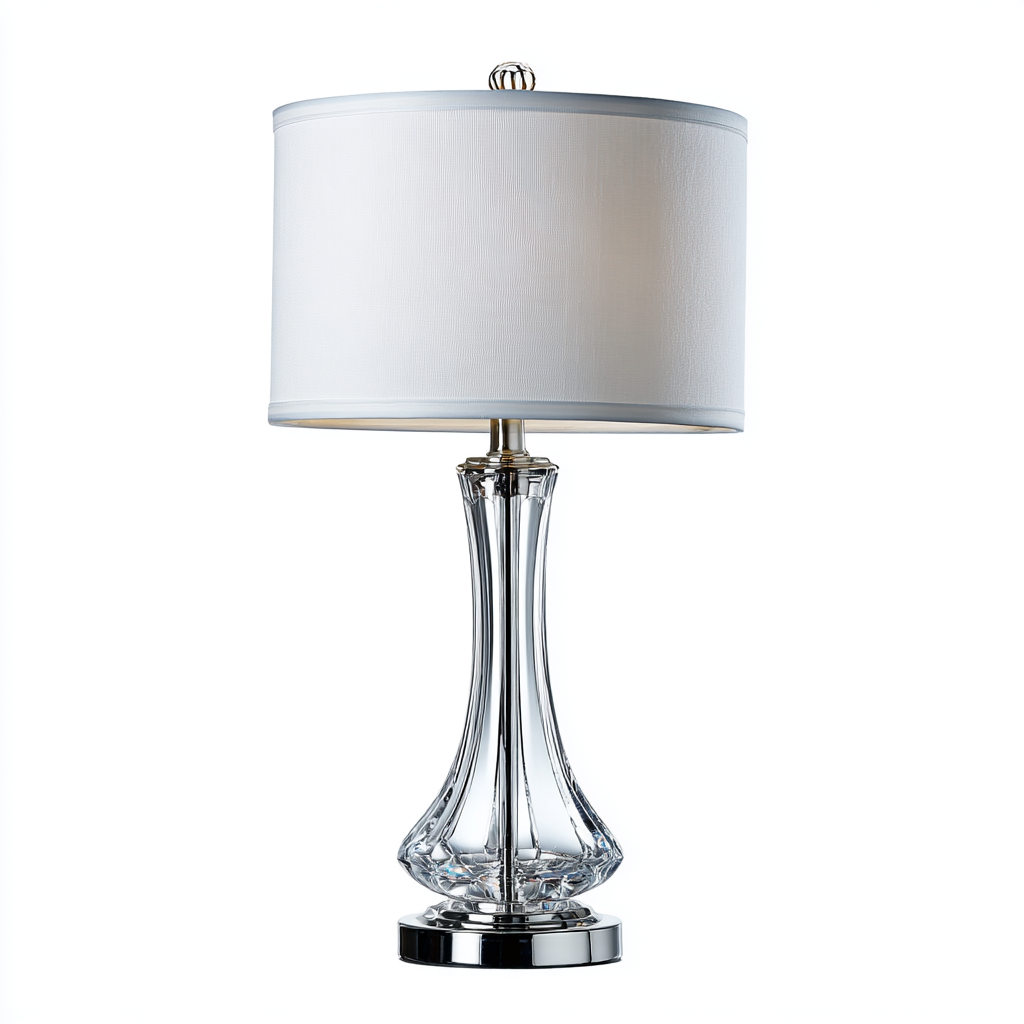 Lámpara de mesa moderna con base de cristal transparente y pantalla blanca