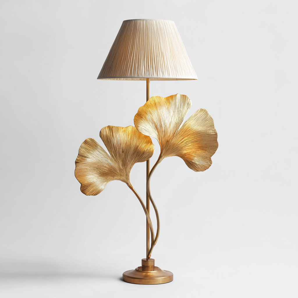 Lámpara de pie artística con hojas metálicas doradas y pantalla plisada