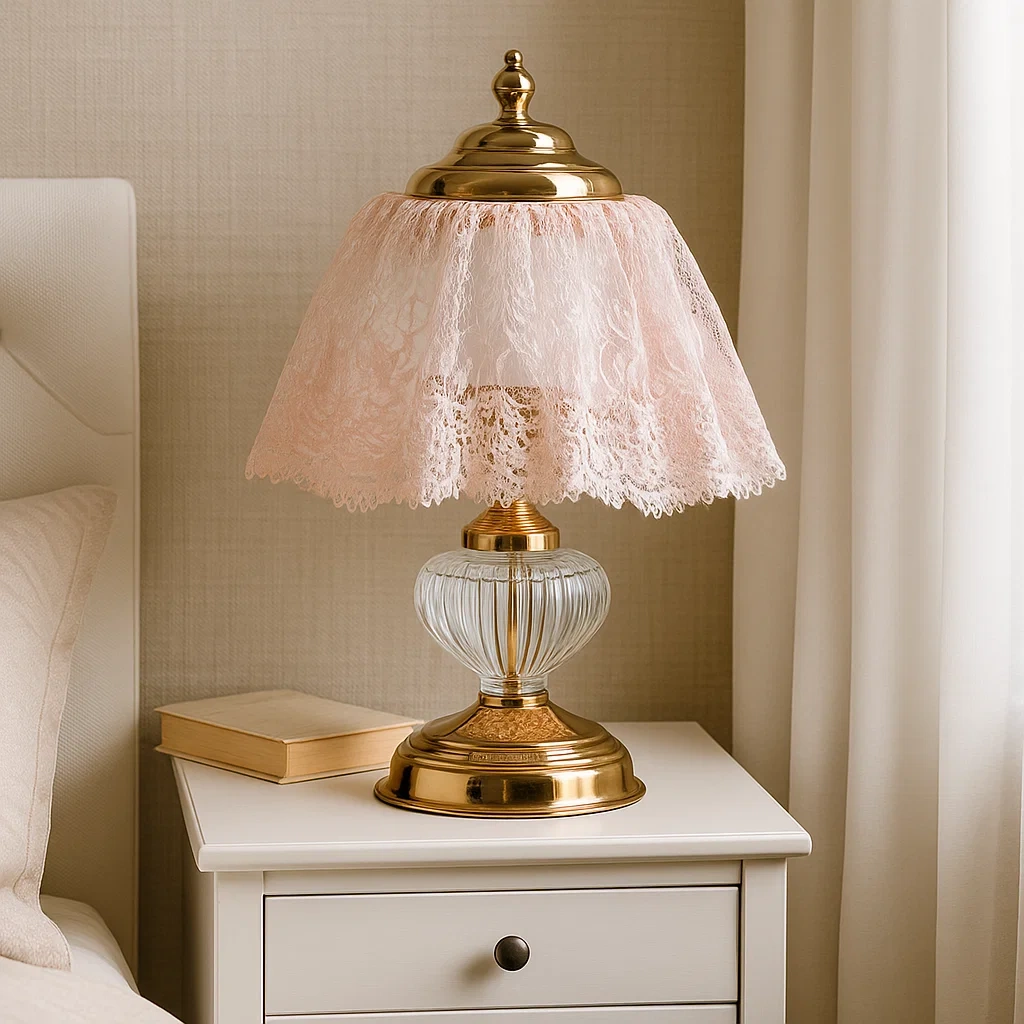Lámpara de mesa con base dorada y pantalla de encaje rosa