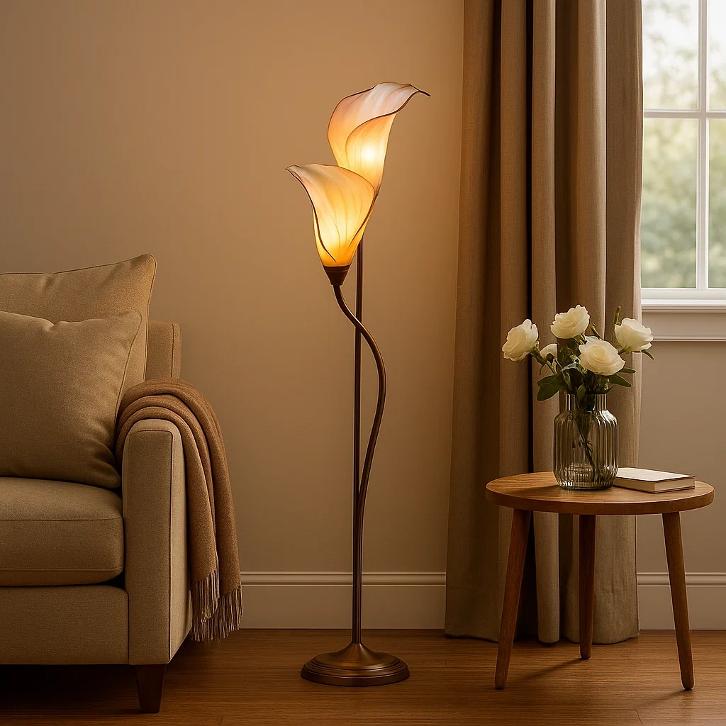 Lámpara de pie con diseño floral de doble pantalla de vidrio