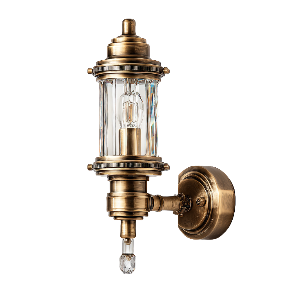 Aplique de pared de latón con tubo de cristal y detalles en cristal