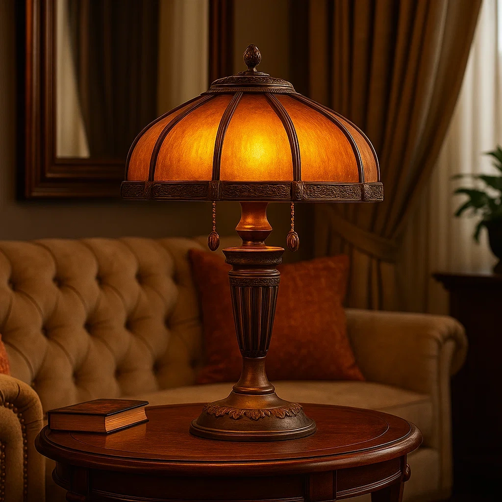 Lámpara de mesa con base de bronce antiguo y pantalla de cristal ámbar