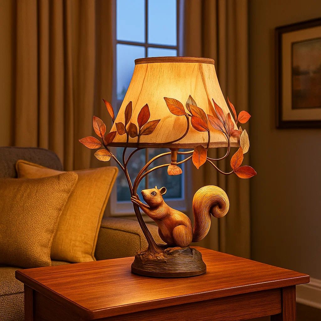 Lámpara de mesa decorativa con ardilla y hojas otoñales