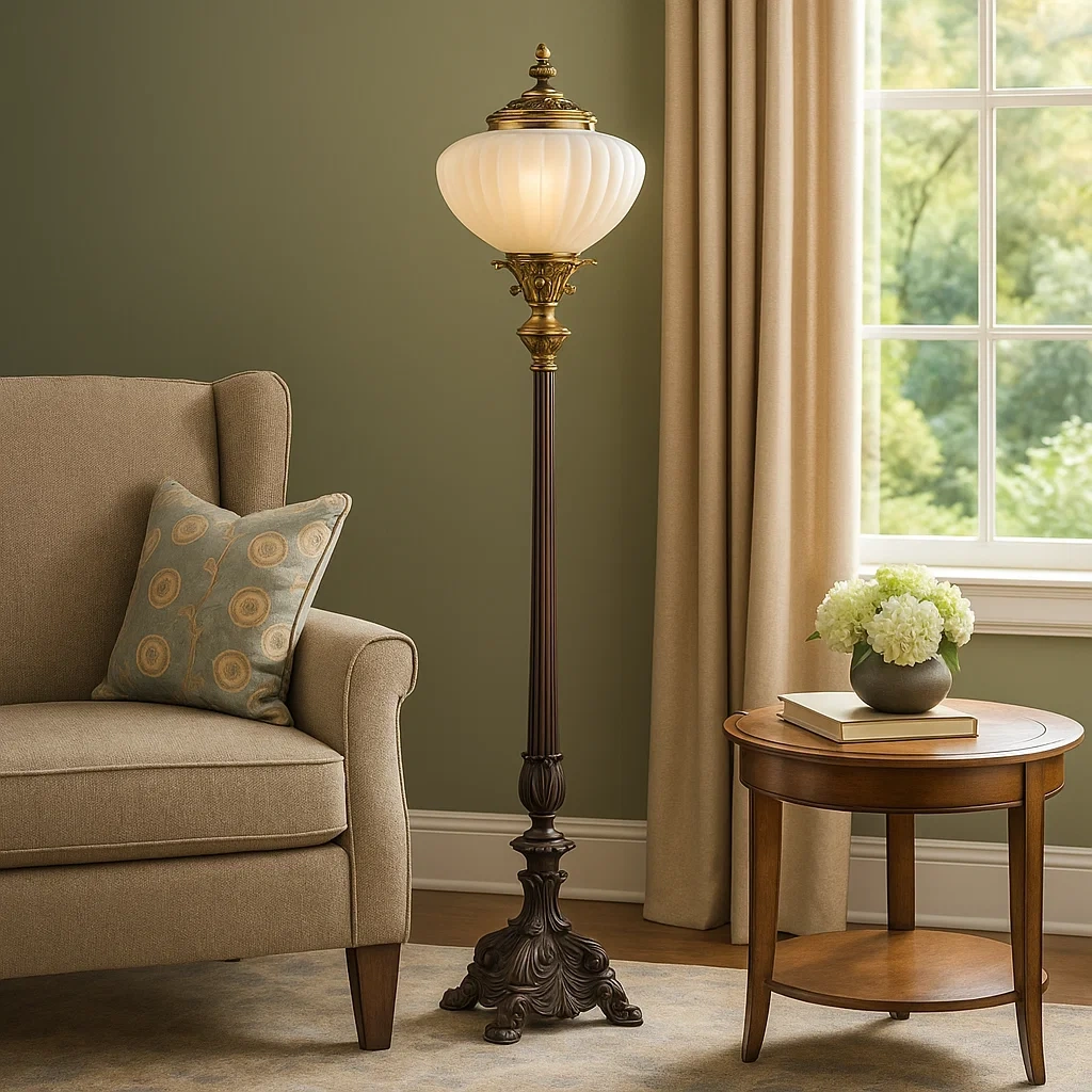 Lámpara de pie vintage de bronce con pantalla de vidrio opalino