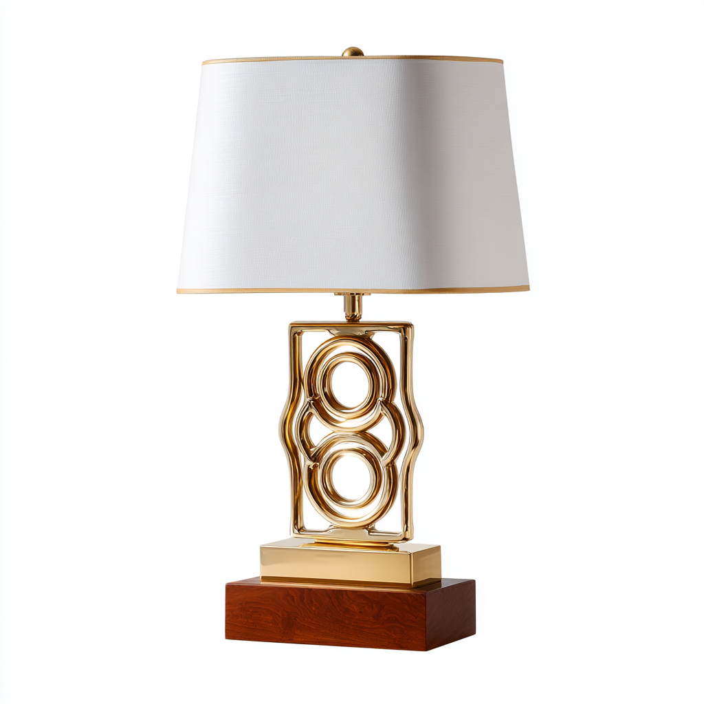 Lámpara de mesa moderna con base dorada y pantalla blanca rectangular