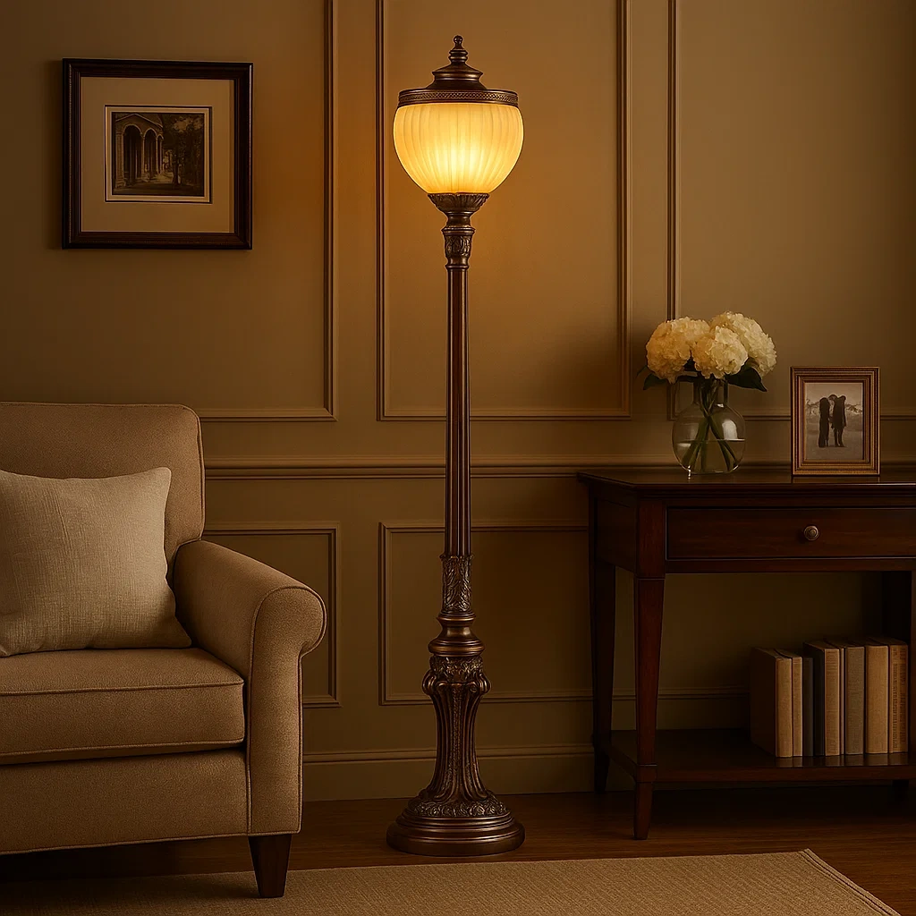 Lámpara de pie clásica de estilo romano con base tallada en bronce antiguo