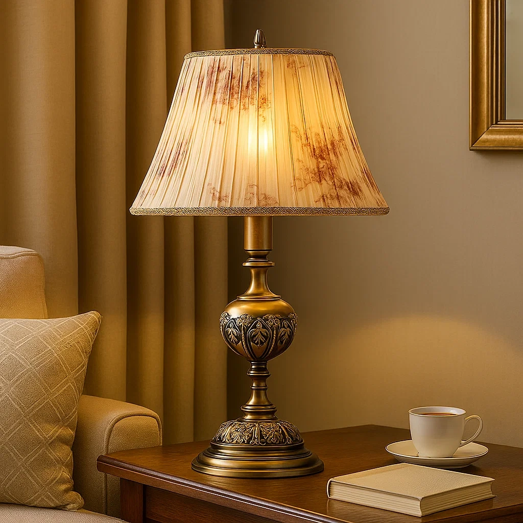 Lámpara de mesa vintage de latón con pantalla plisada floral