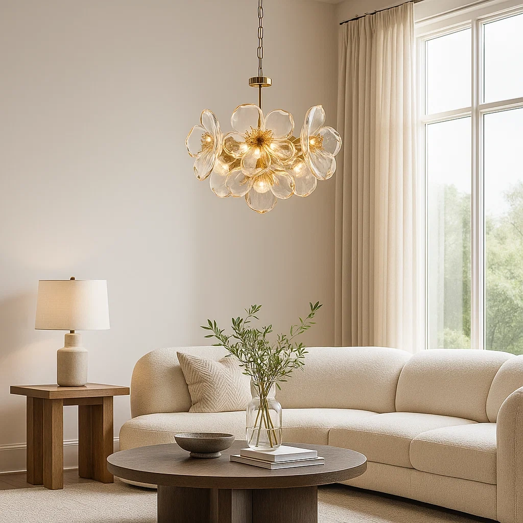 Lámpara de techo de cristal transparente con flores y estructura dorada