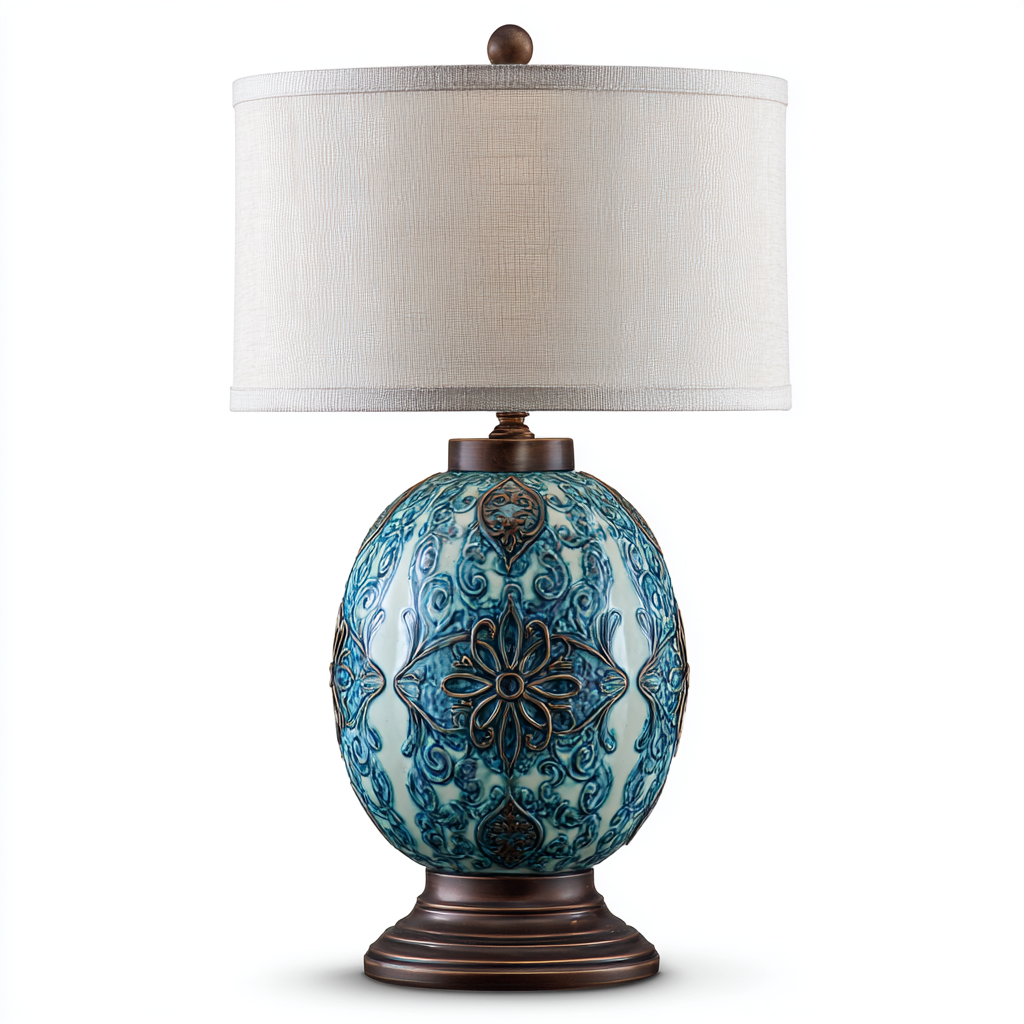 Lámpara de mesa de cerámica con diseño ovalado y estampado azul