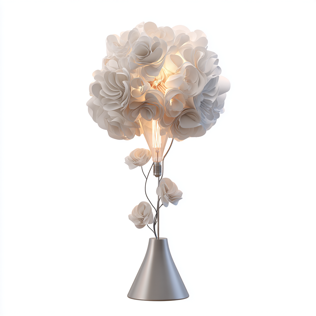 Lámpara de pie decorativa con pantalla de flores blancas y base metálica