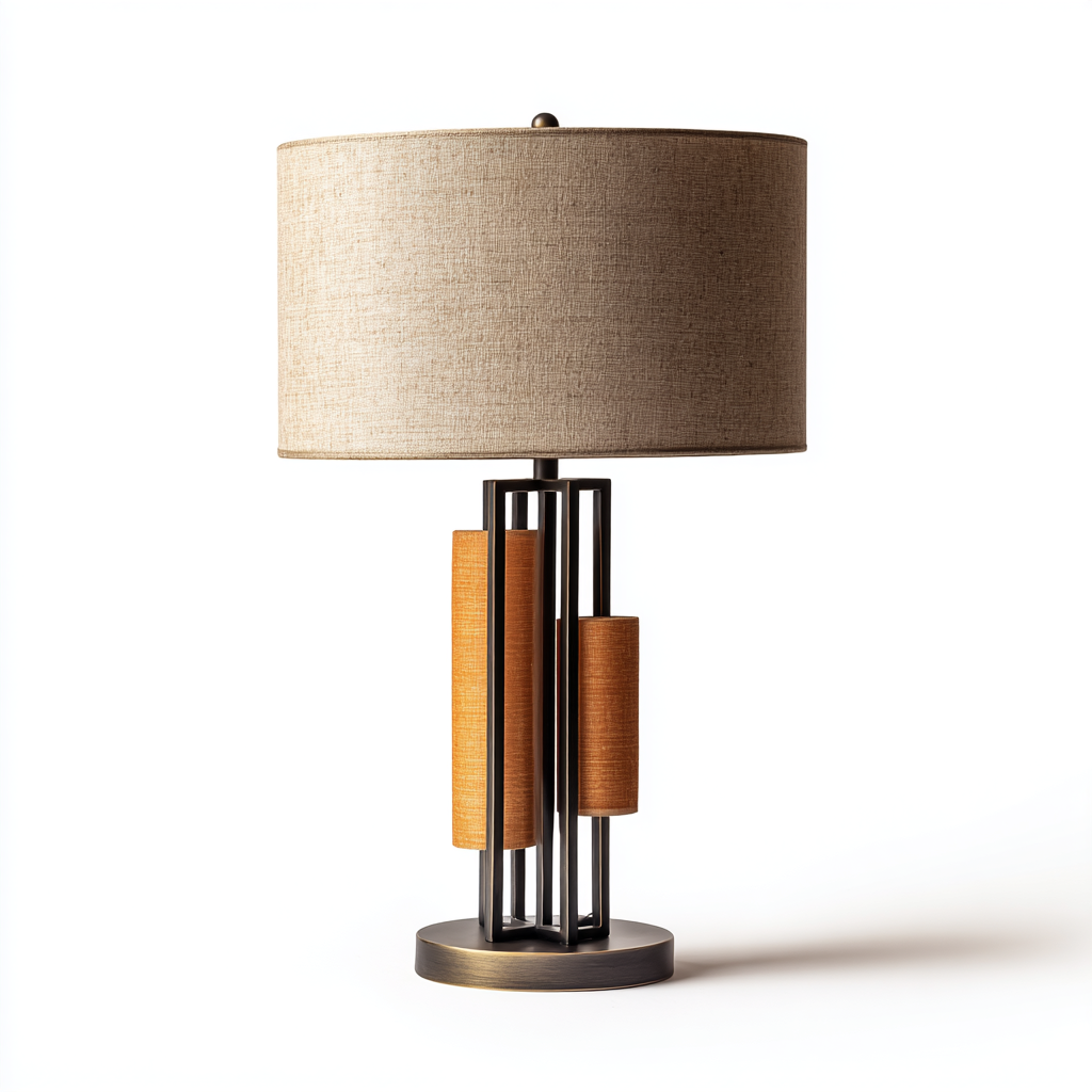 Lámpara de mesa con estructura de hierro y detalles en tela beige y naranja