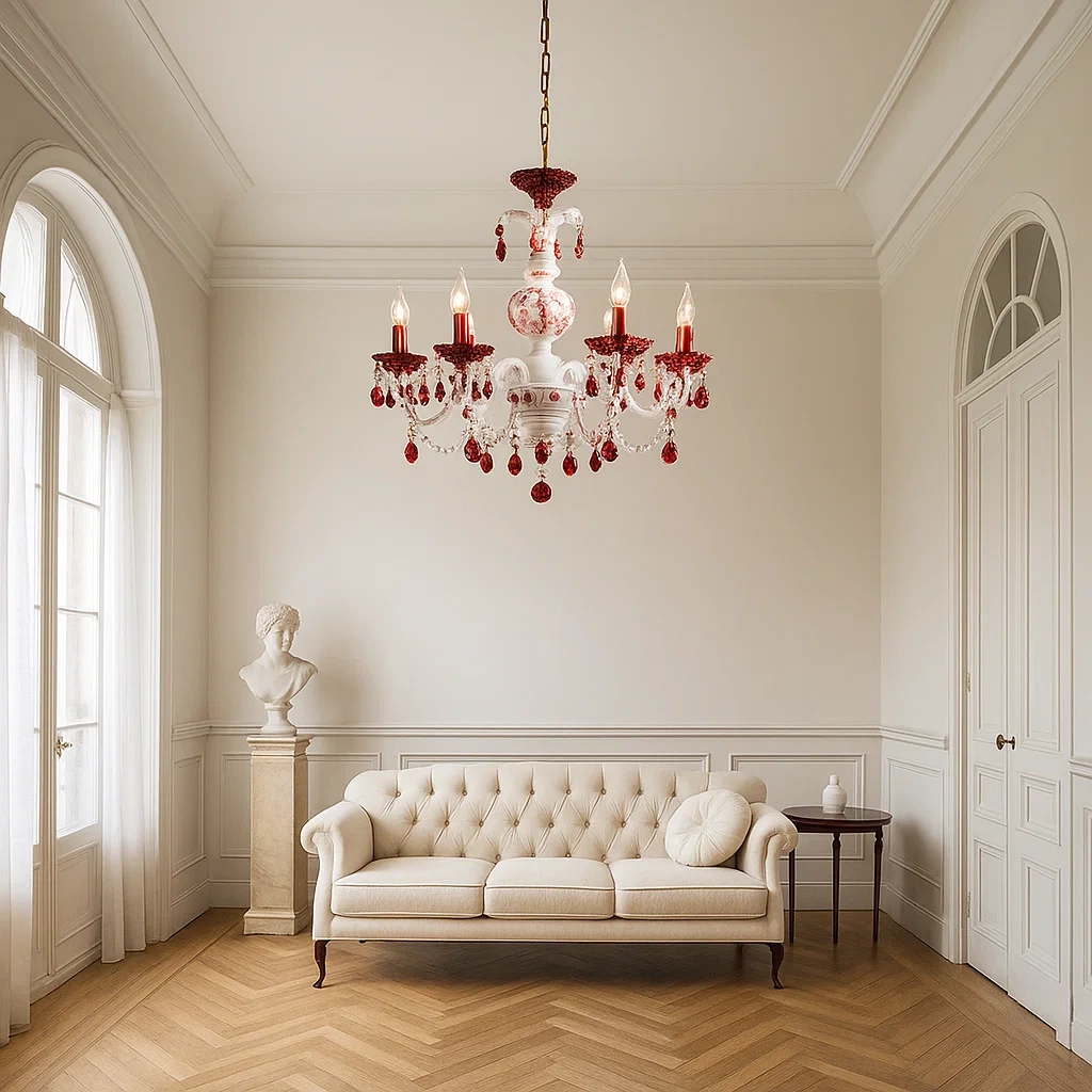 Lámpara de araña barroca de cristal blanco con detalles rojos