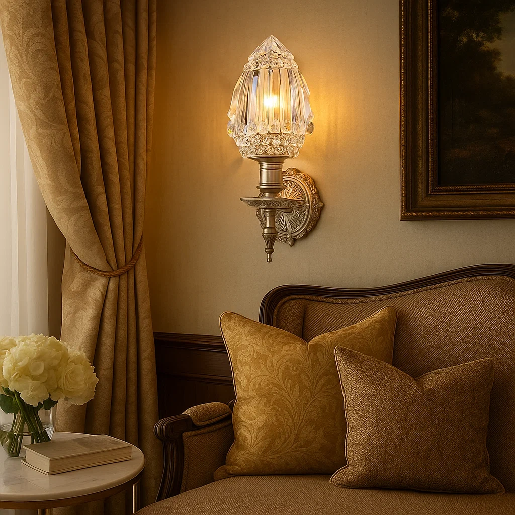 Aplique de pared con cristal cortado y detalles en metal envejecido