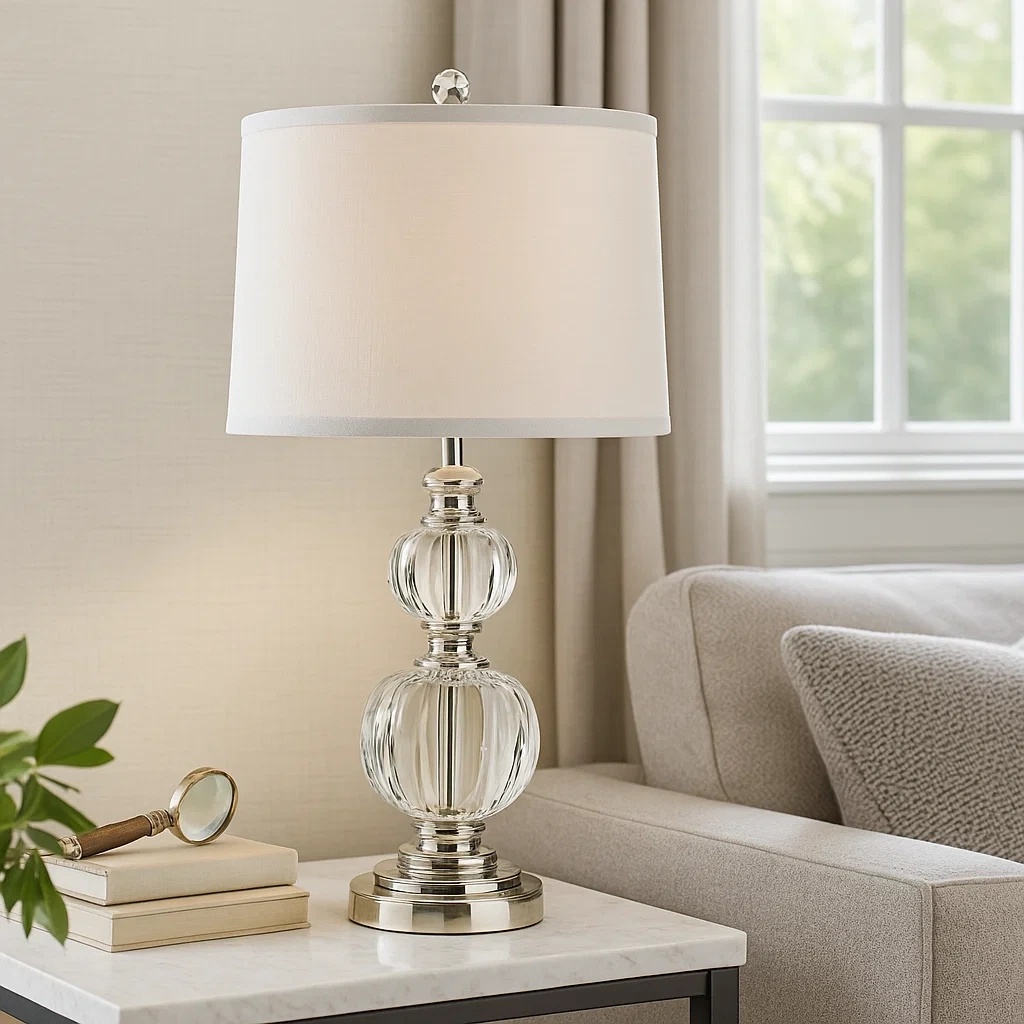 Lámpara de mesa de cristal transparente con base cromada y pantalla blanca