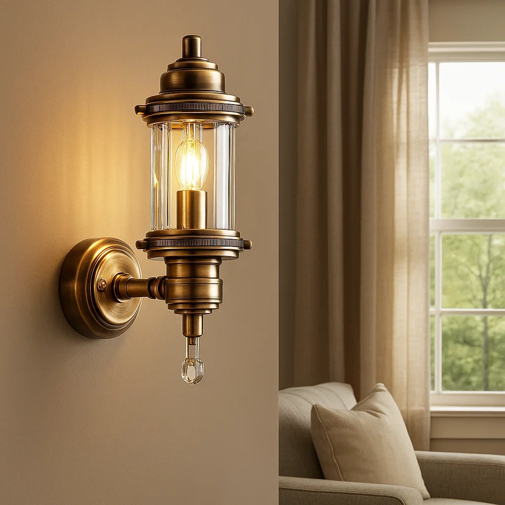 Aplique de pared de latón con tubo de cristal y detalles en cristal