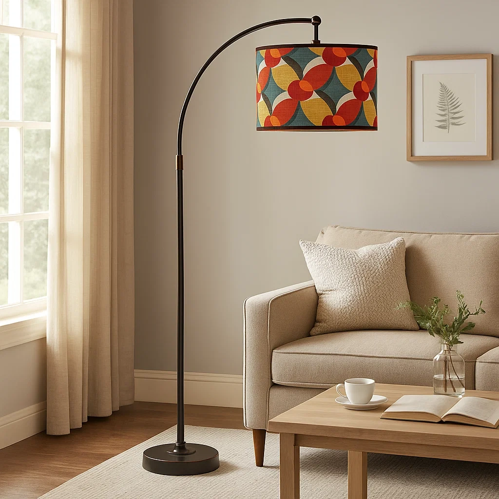 Lámpara de pie retro con pantalla geométrica de colores