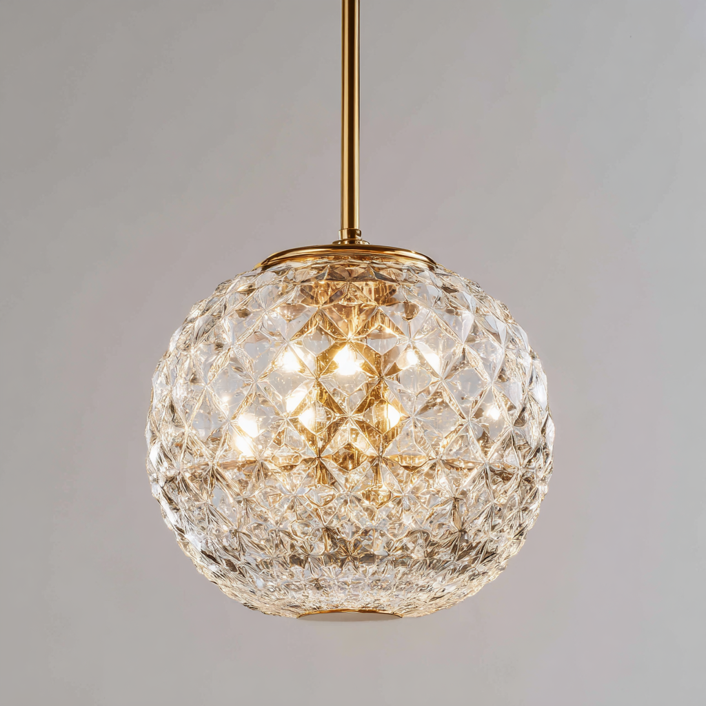Lámpara colgante de cristal tallado estilo esfera con detalles dorados