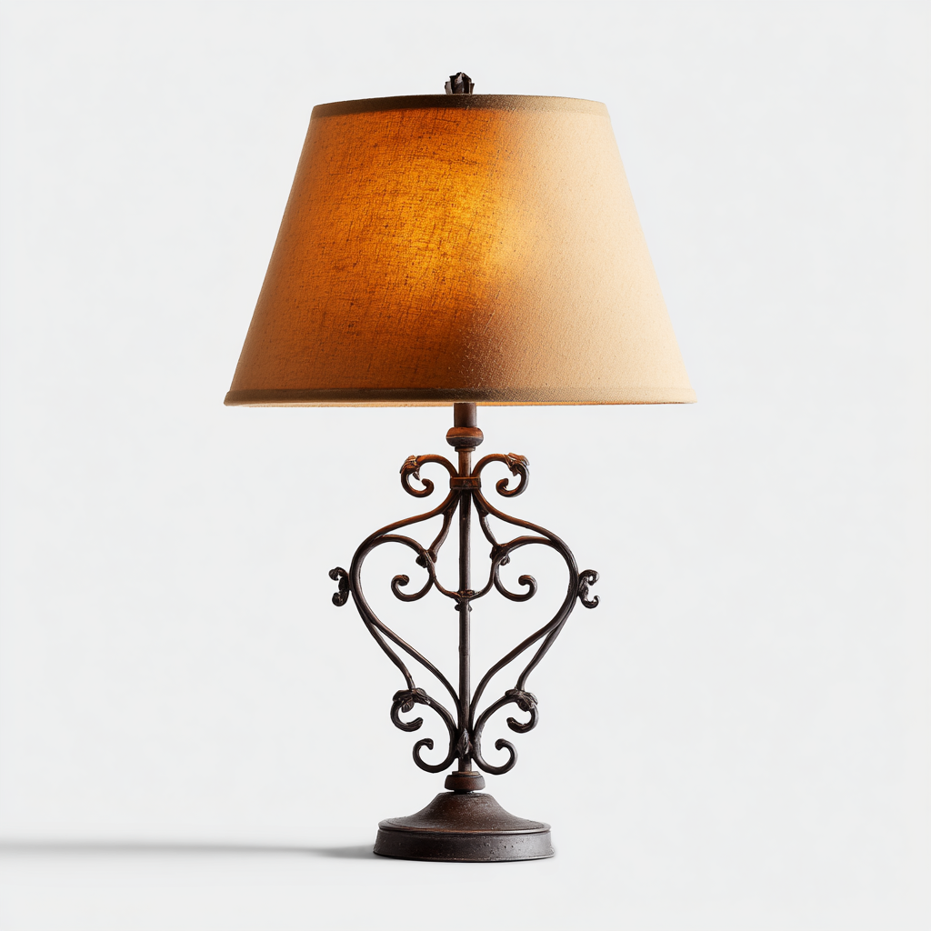 Lámpara de mesa rústica con base de hierro forjado y pantalla de lino beige