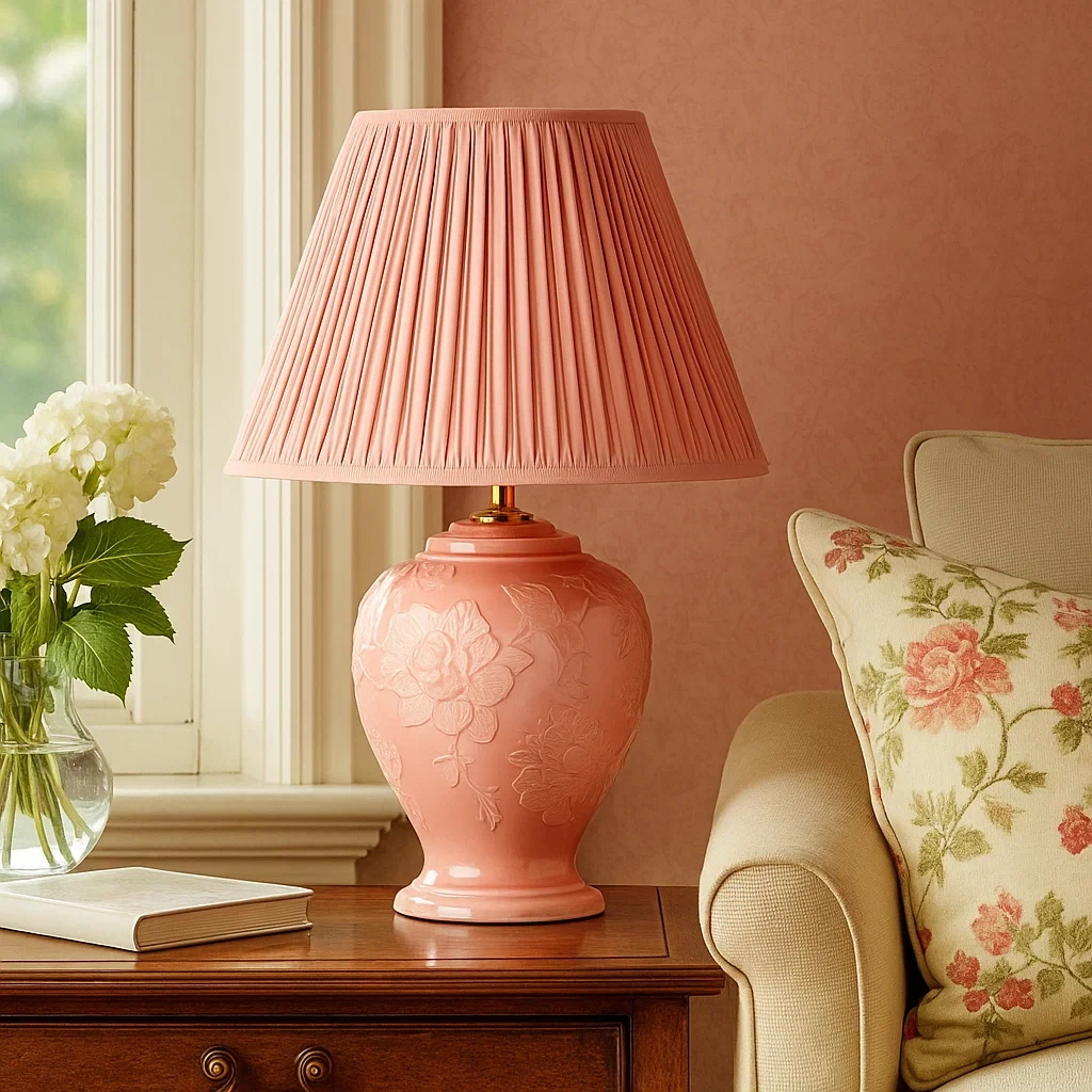 Lámpara de mesa de cerámica rosa con pantalla plisada