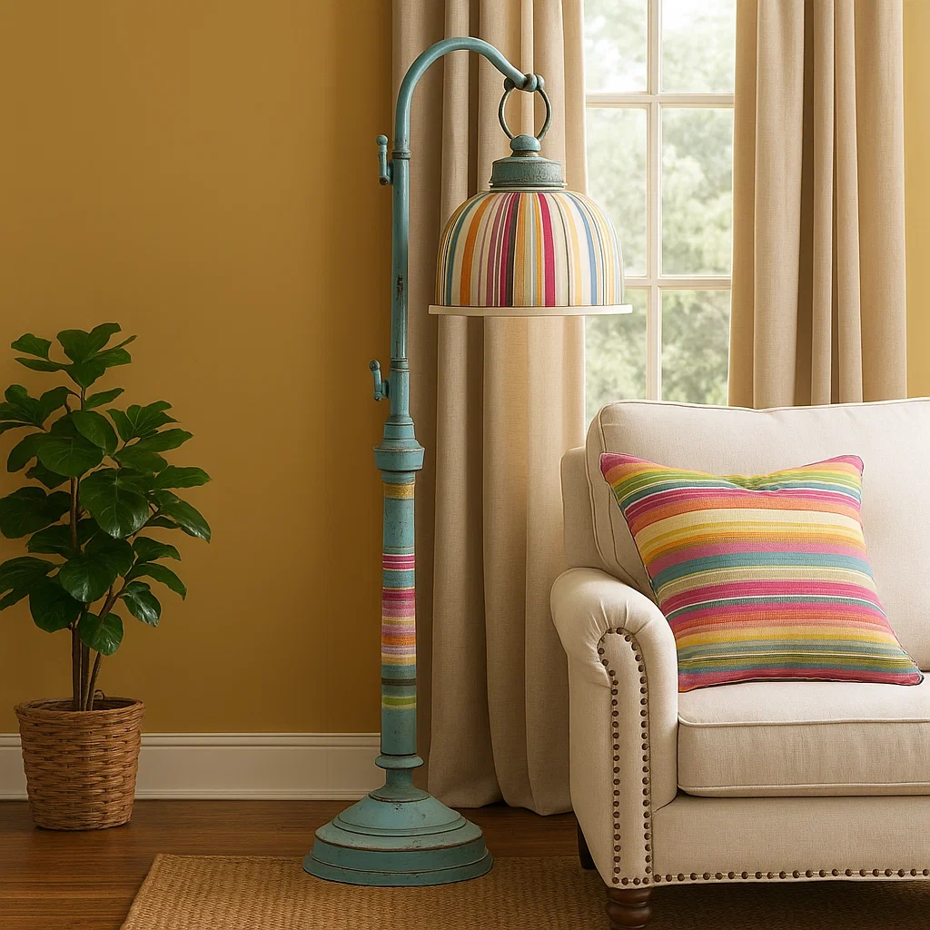 Lámpara de pie vintage con pantalla a rayas multicolor