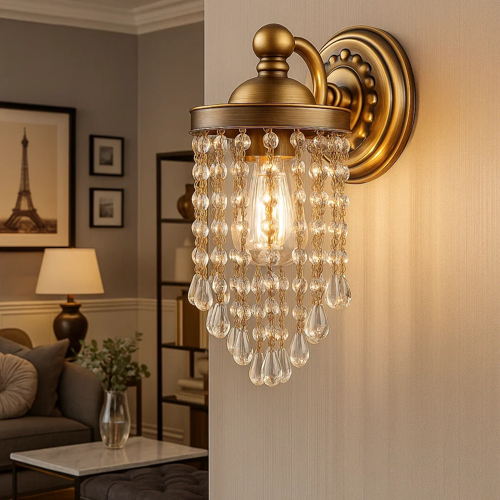 Lámpara de pared vintage con cristal y un foco, detalle en latón