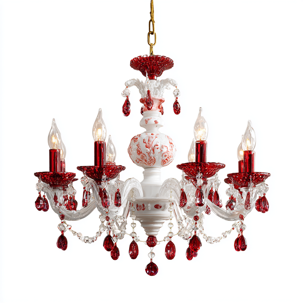 Lámpara de araña barroca de cristal blanco con detalles rojos