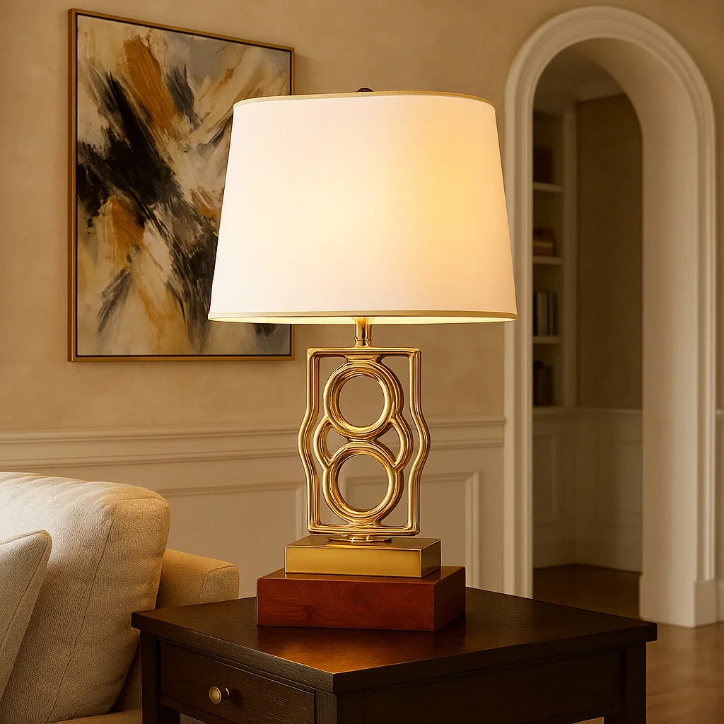 Lámpara de mesa moderna con base dorada y pantalla blanca rectangular